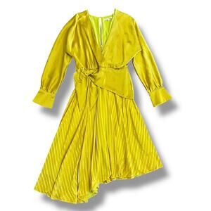 Chartreuse Pleated Wrap Dress Long Sleeve Asym Hem Midi Yellow Women